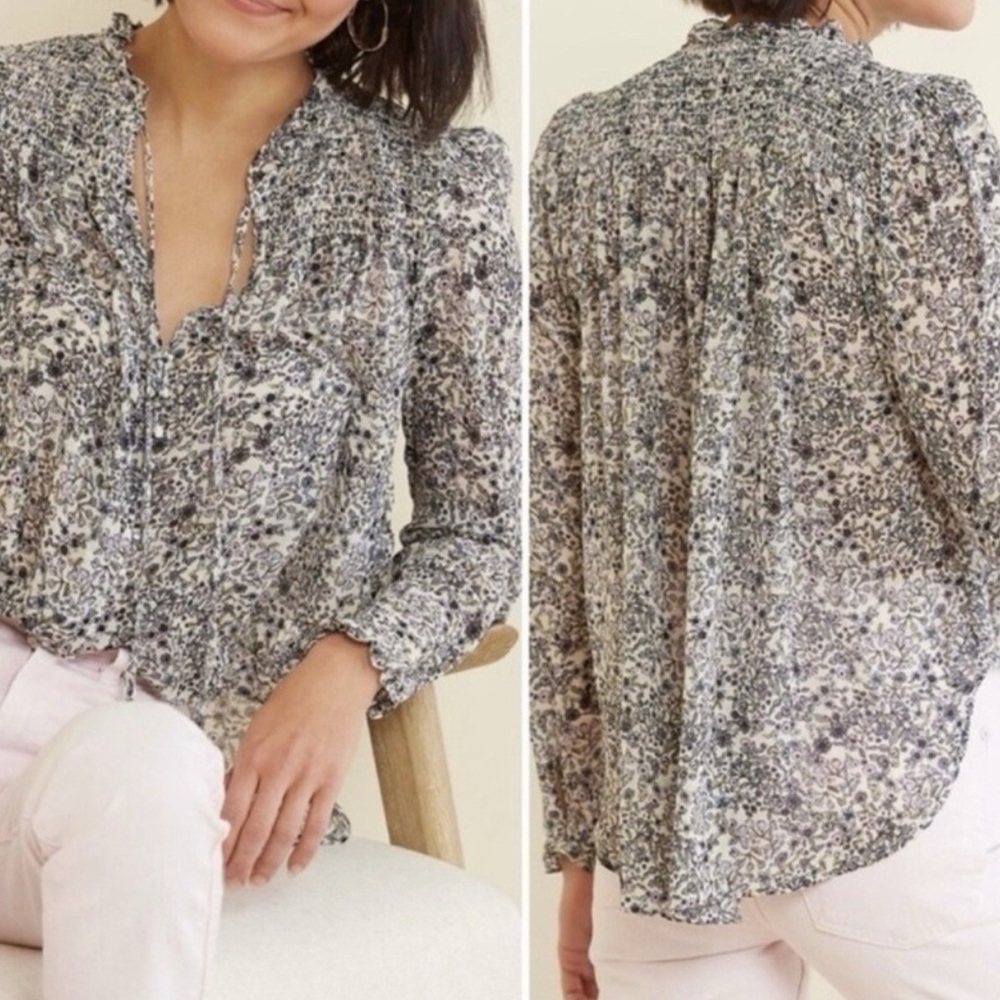 Free People Lela Large Long Sleeve Floral Sheer Smocked Blue Purple Top - Picture 2 of 11